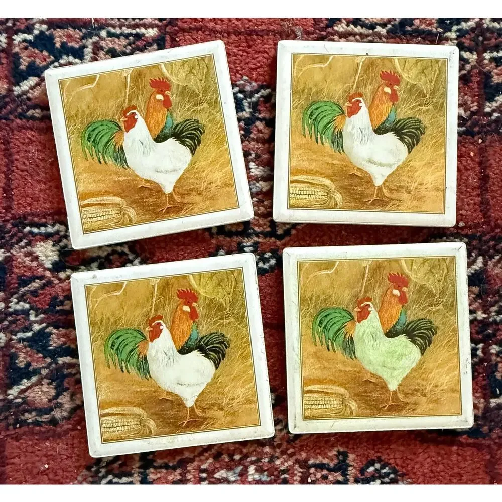 Chicken Coasters Cork-Backed Square Stoneware Set‎ of 4 CLEAN CONDITION